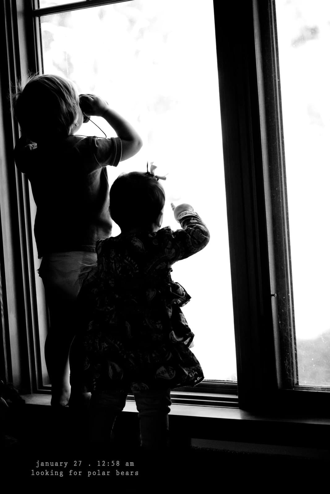 Two small children silhouetted at a bright window, captioned looking for polar bears.