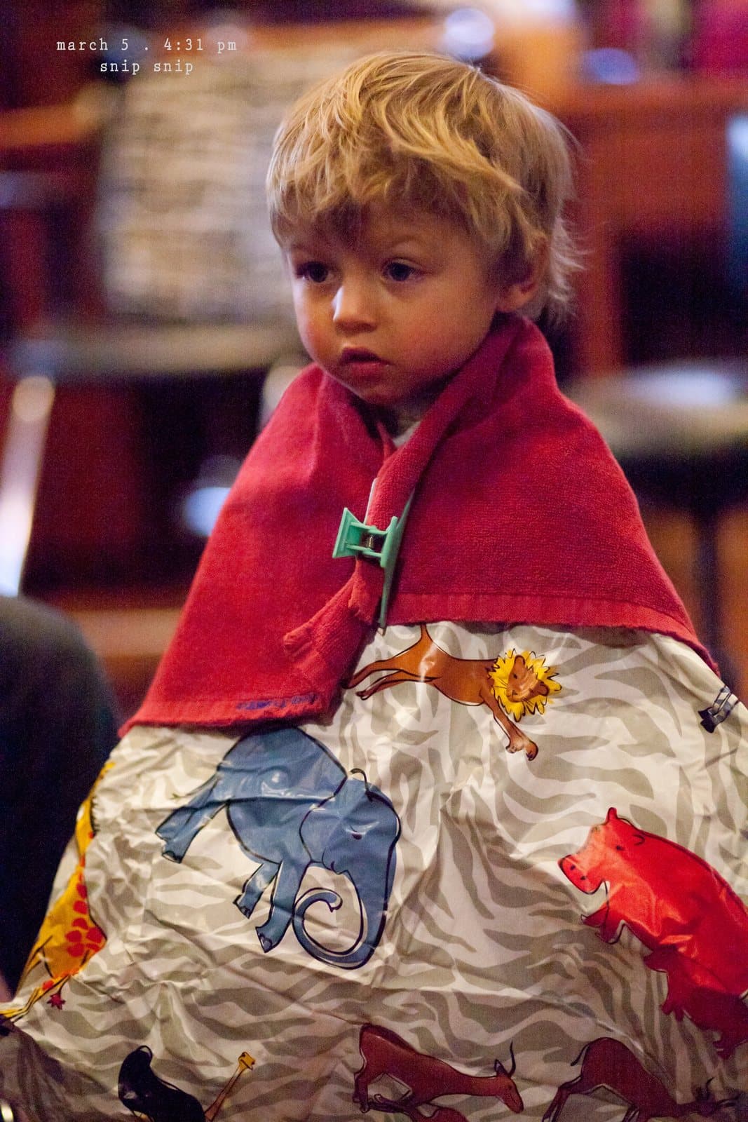 A toddler wrapped in a red towel and animal-print blanket, captioned snip snip.