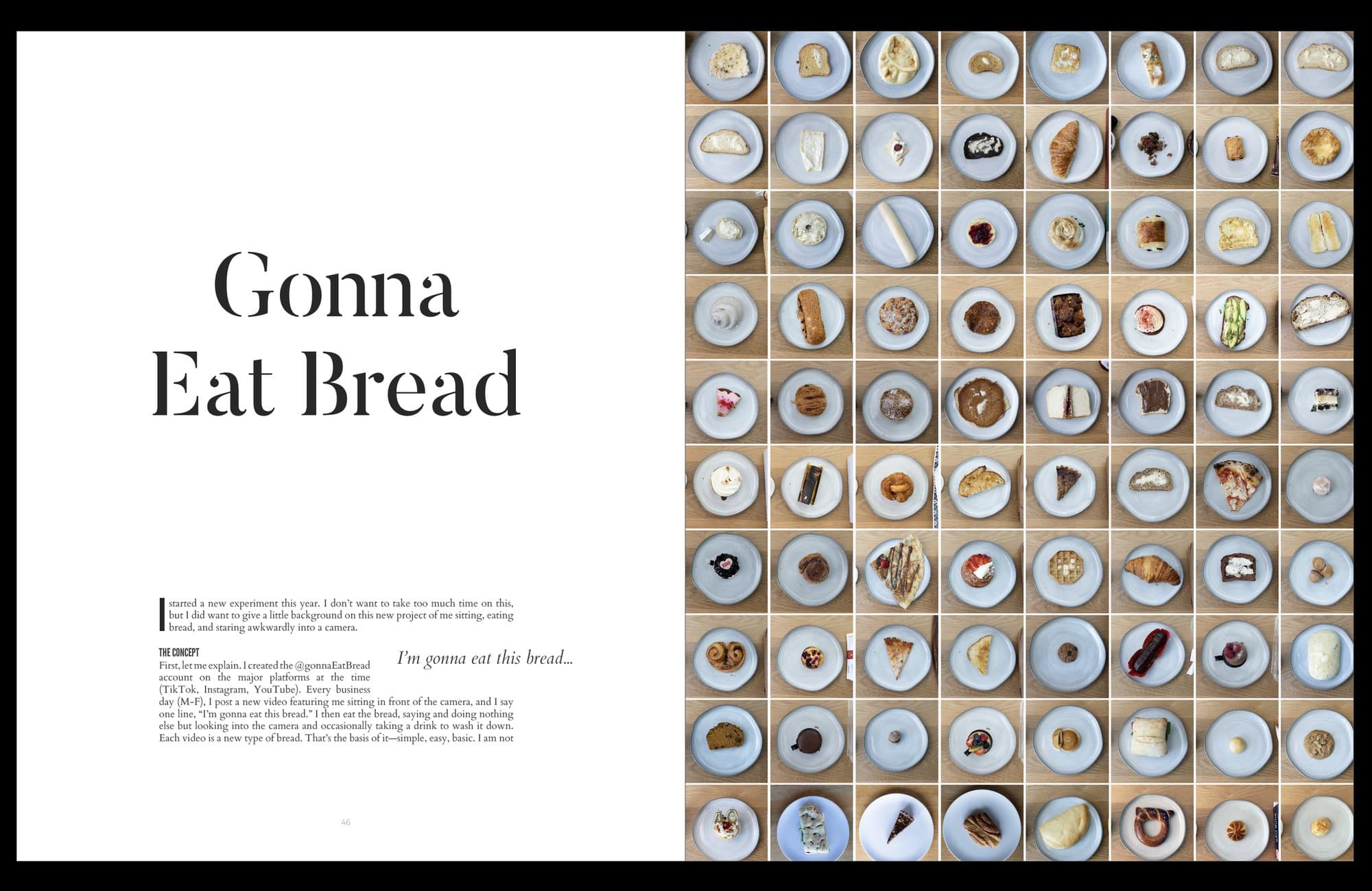 A 3vies magazine spread titled Gonna Eat Bread beside a grid of plated breads and pastries.