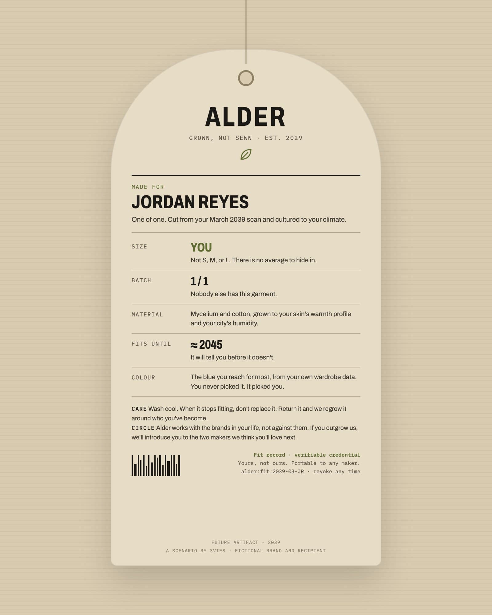 Future artifact: a 2039 hang tag from Alder, a fictional maker, for a garment grown for one person. Size: you. Batch: 1 of 1.