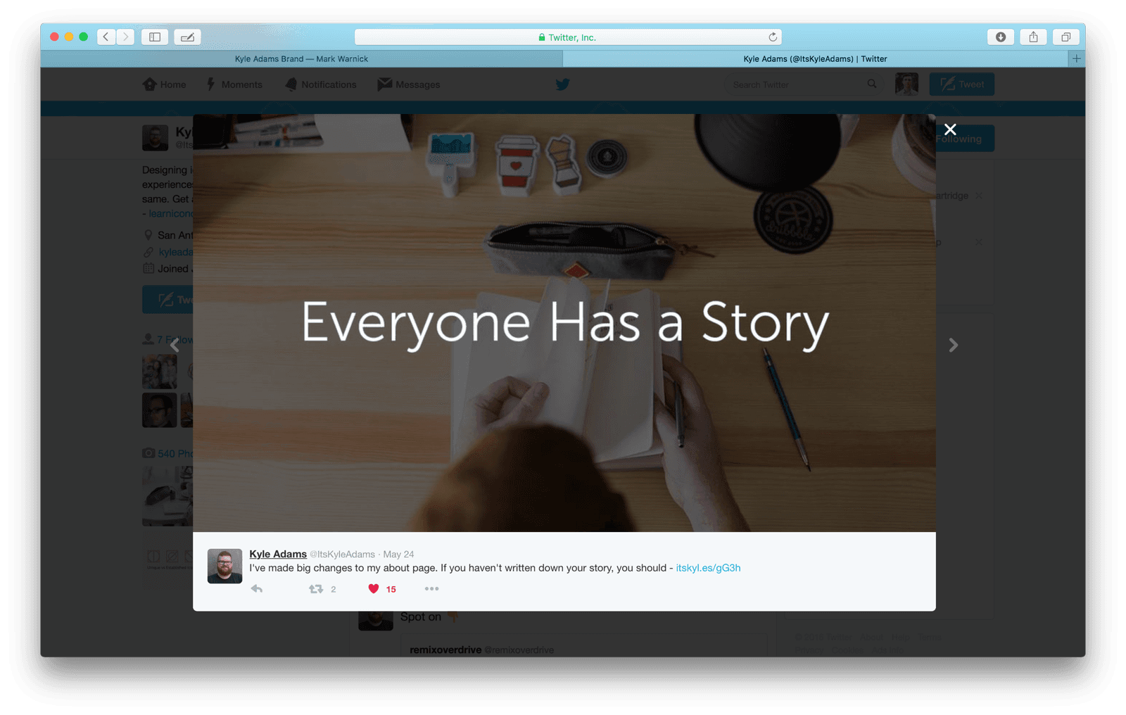 Kyle's tweet about his new about page, headed Everyone Has a Story over a sketchbook photo.