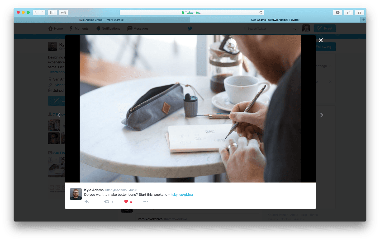 Kyle's tweet asking Do you want to make better icons, illustrated with a cafe sketching photo.