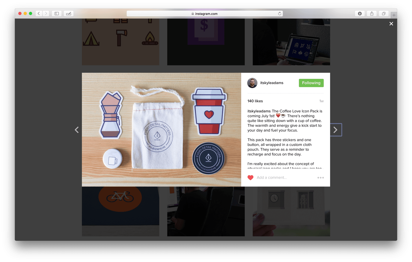 Kyle's Instagram post for his Coffee Love Icon Pack, showing stickers, a button, and a pouch.