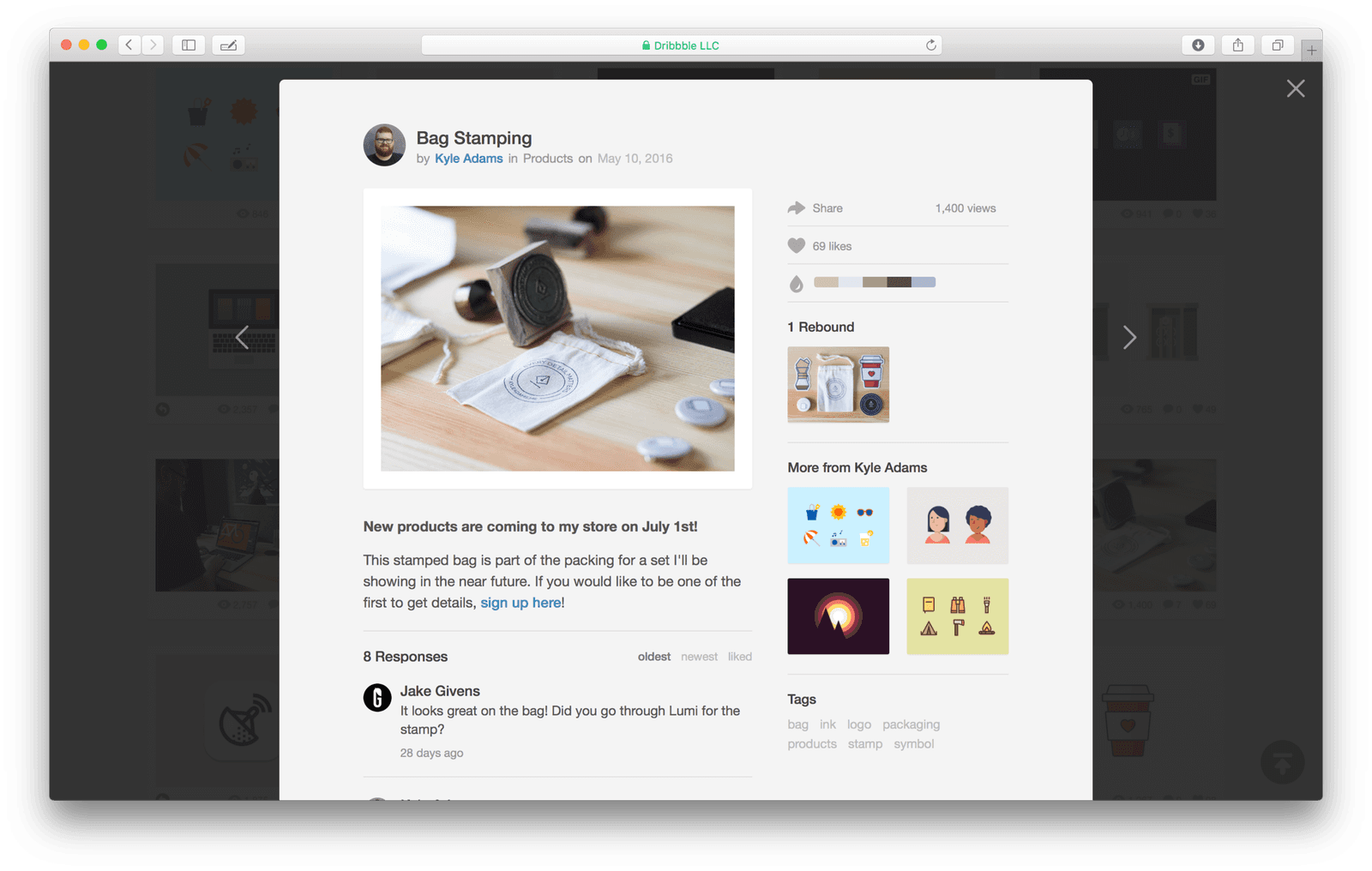Kyle's Dribbble shot titled Bag Stamping, using a photo of his stamped product pouches.