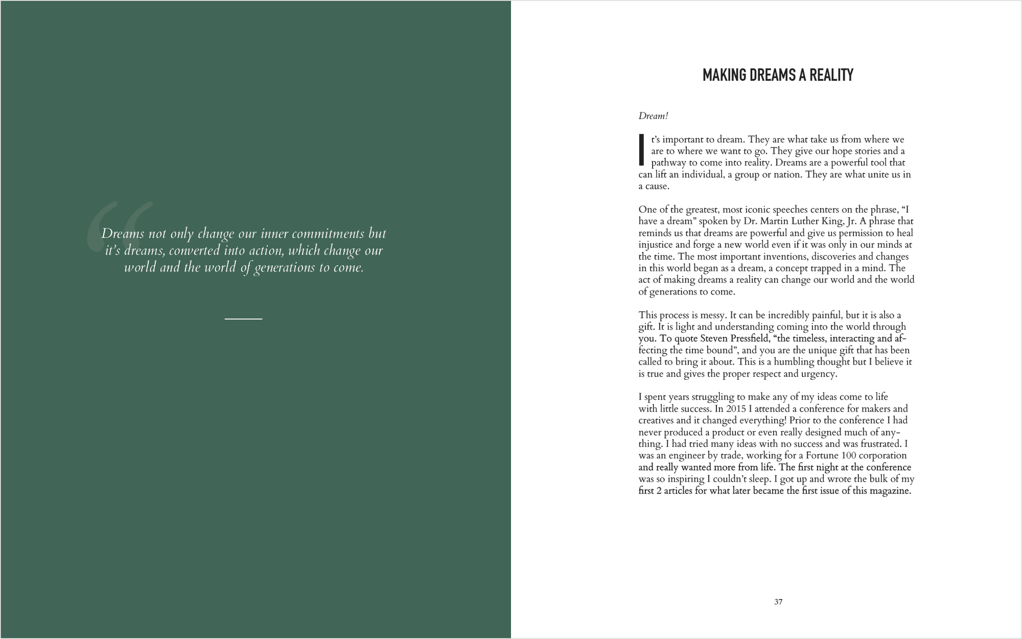 2016 spread with a pull quote on dark green facing the article Making Dreams a Reality.