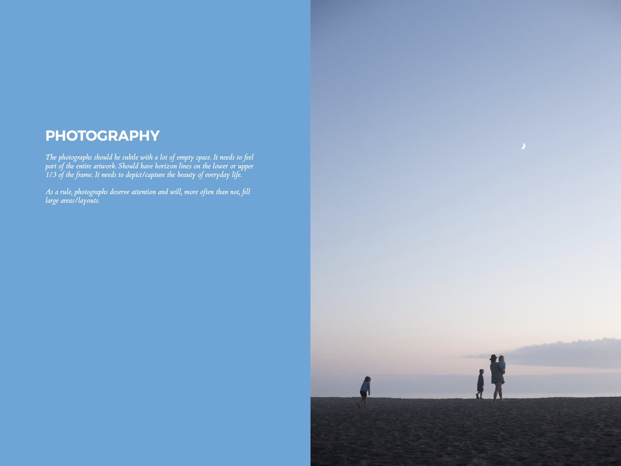 Branding guide spread on photography rules beside a dusk beach photo with small figures under a crescent moon.