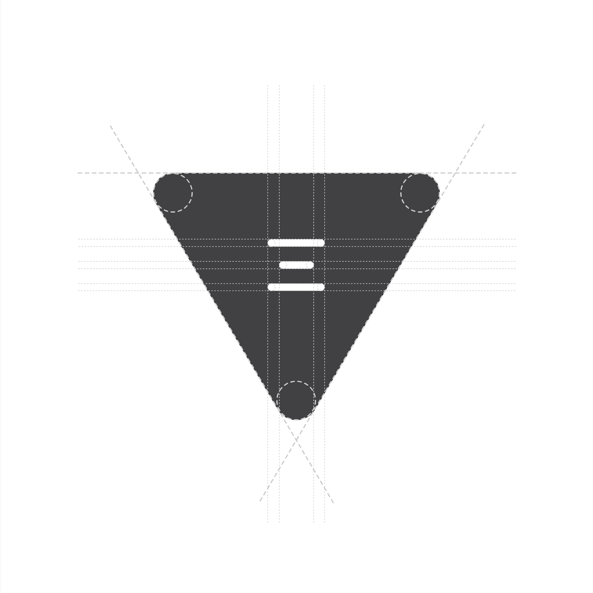 Construction guide for the 3vies triangle icon, with grid lines and circles defining its rounded corners.