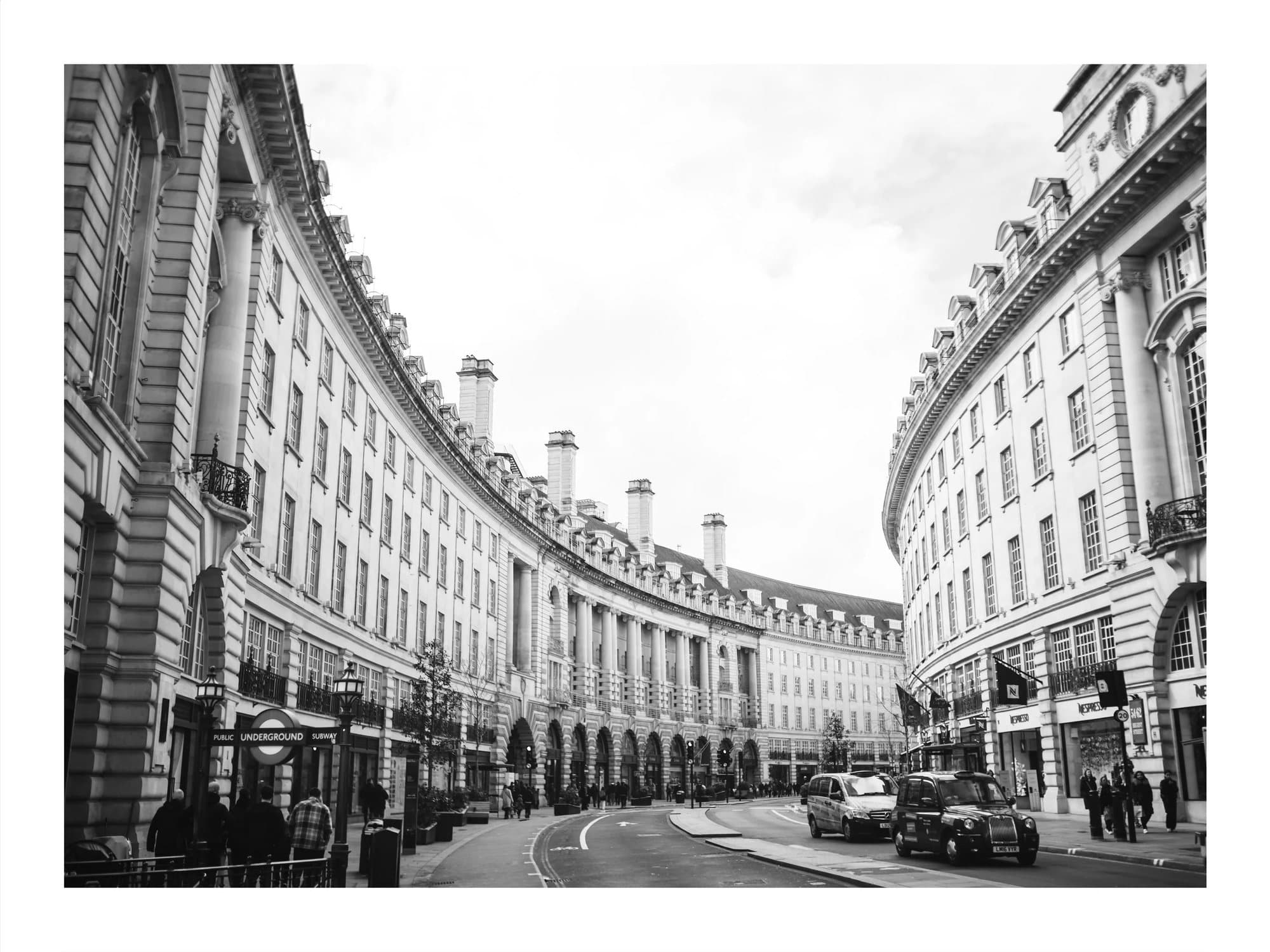 Black and white view of the curving buildings of Regent Street, TIMELESS print London.
