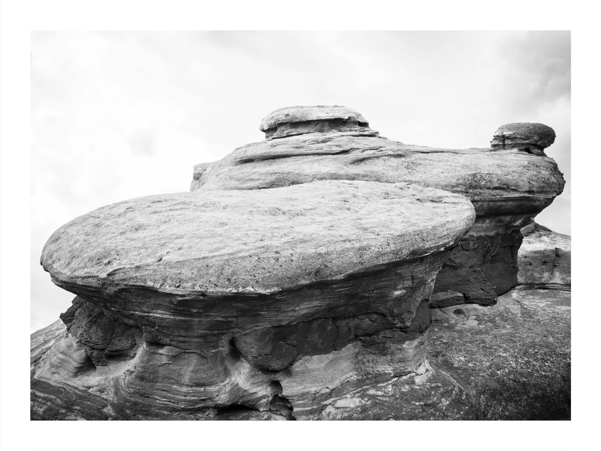 Black and white view of layered sandstone formations, TIMELESS print Red Rocks.