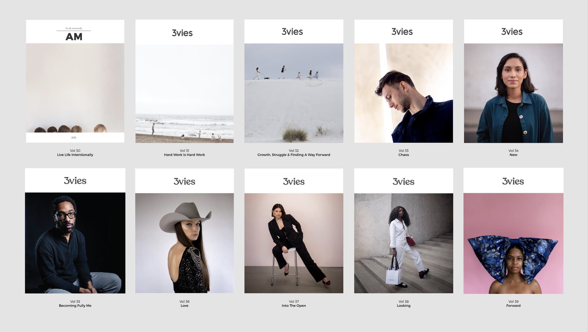 A grid of ten 3vies magazine covers, showing a decade of annual volumes.