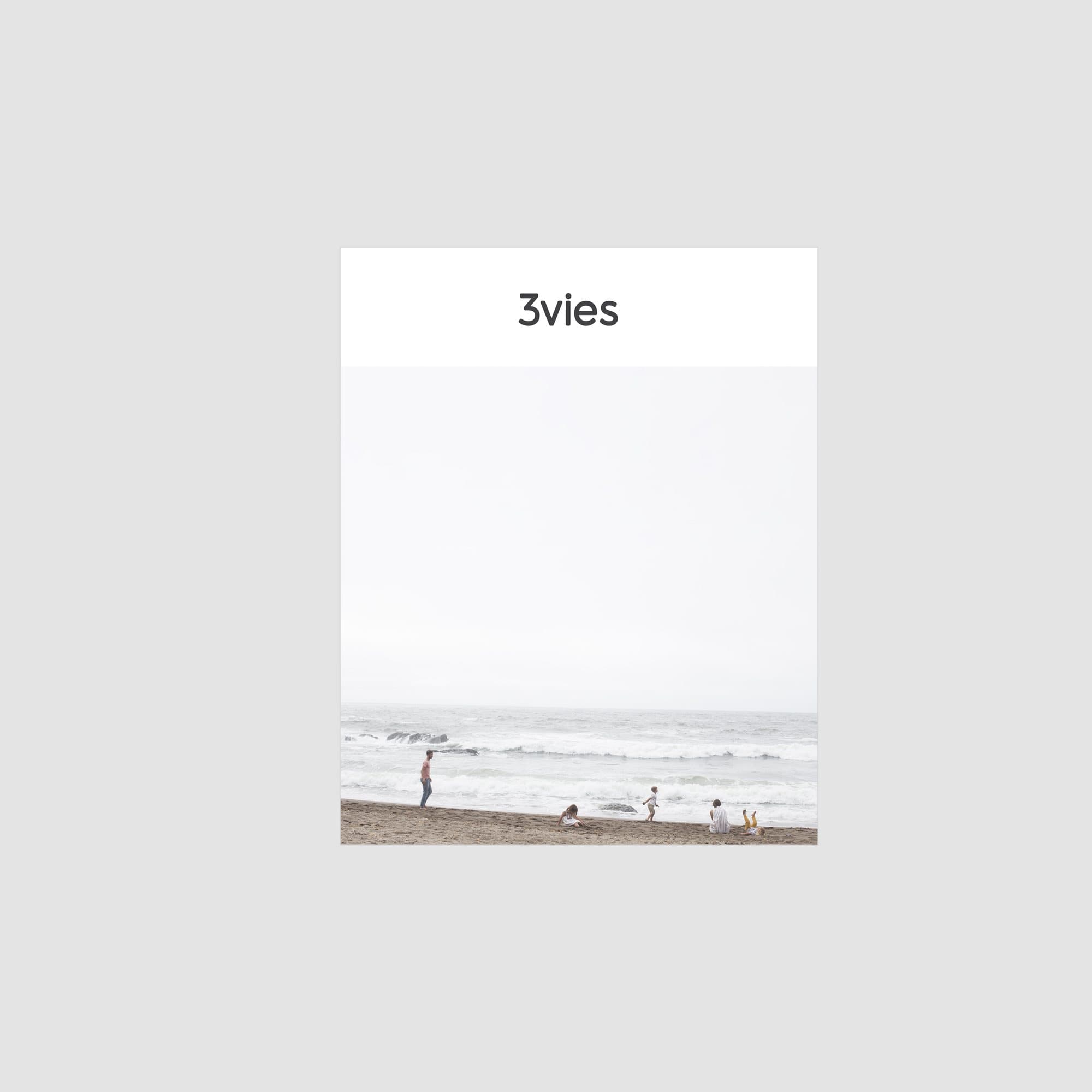 Mockup of the Volume 31 cover, a family on a misty beach, on a gray background.