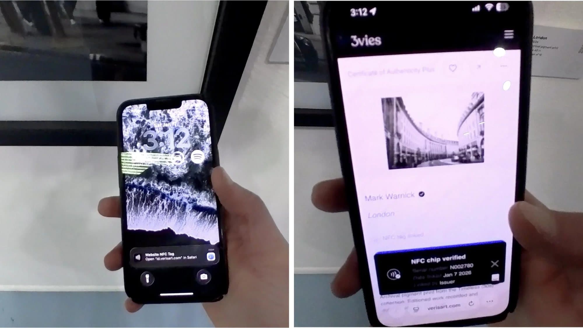 Phone tapped to the London print opens a Verisart certificate of authenticity showing NFC chip verified.