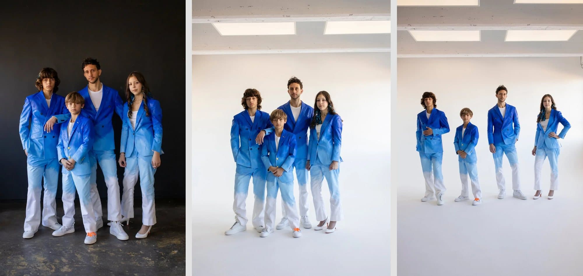 Three photos of Mark and his three children posing in the finished blue ombre Timeless suits.