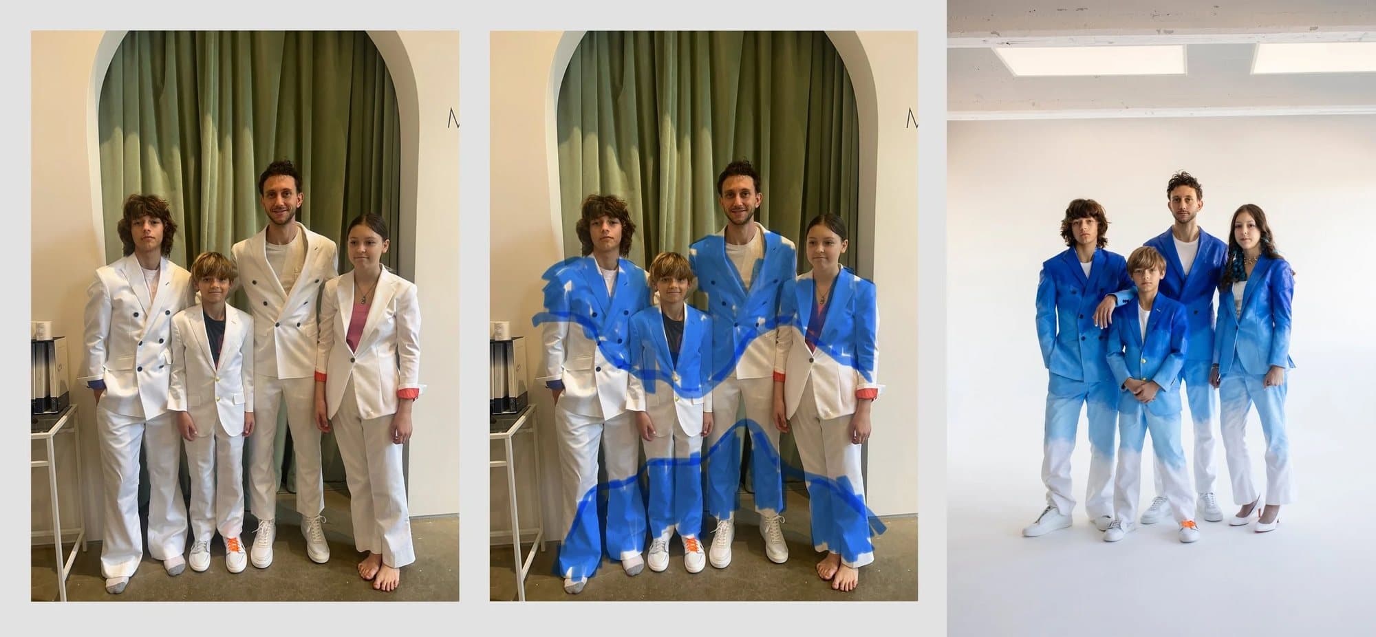 Suit progression: the family in plain white suits, a blue painted concept mockup, and the finished blue suits.