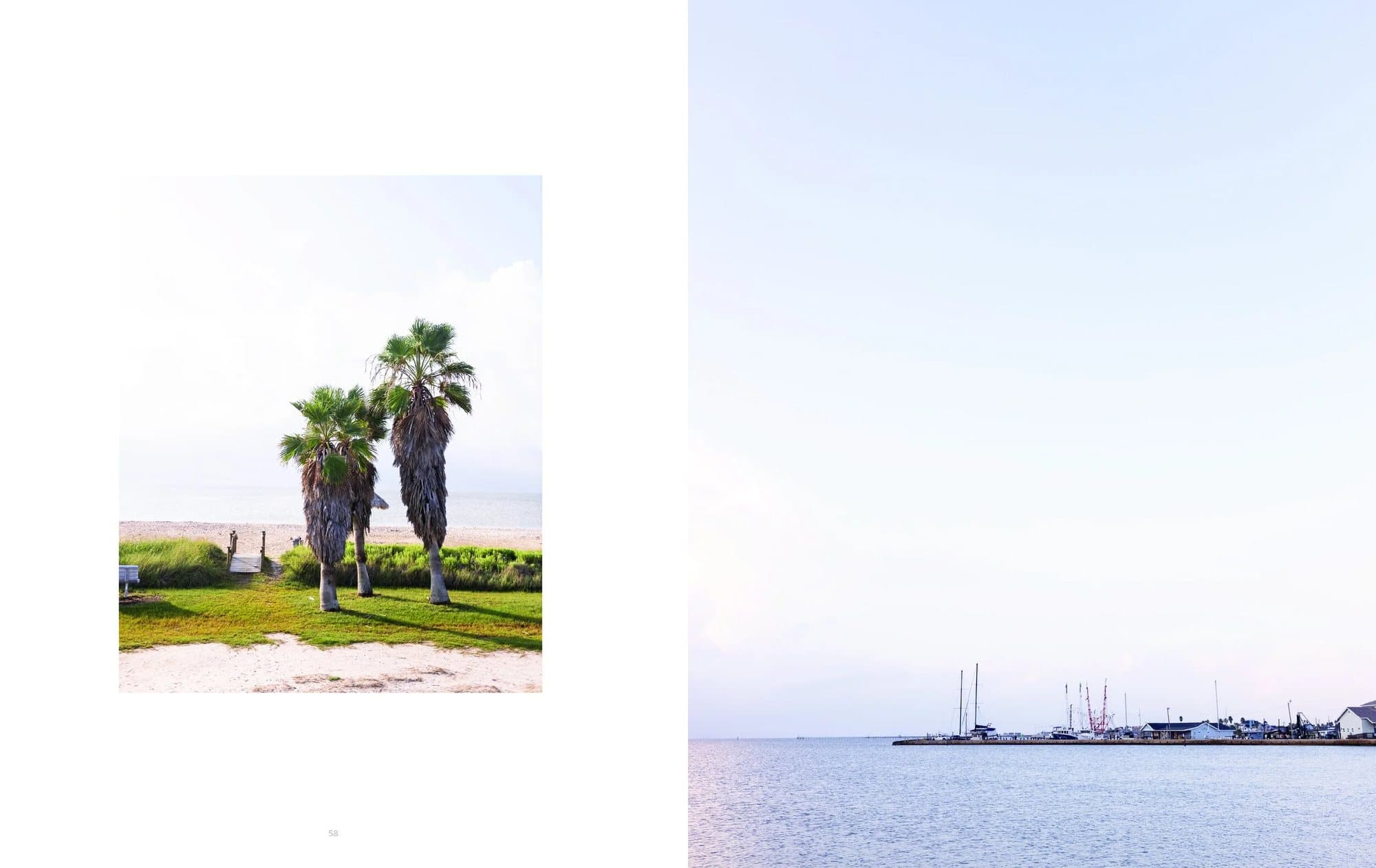 Spread from Volume 35 pairing palm trees on a beach with a calm bay and distant harbor.
