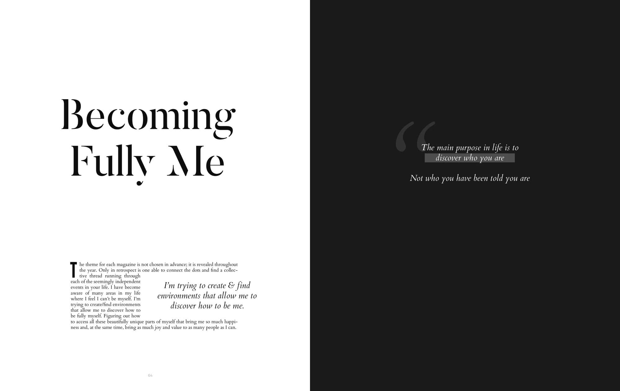 Spread from Volume 35 opening the article Becoming Fully Me, facing a quote on discovering who you are.