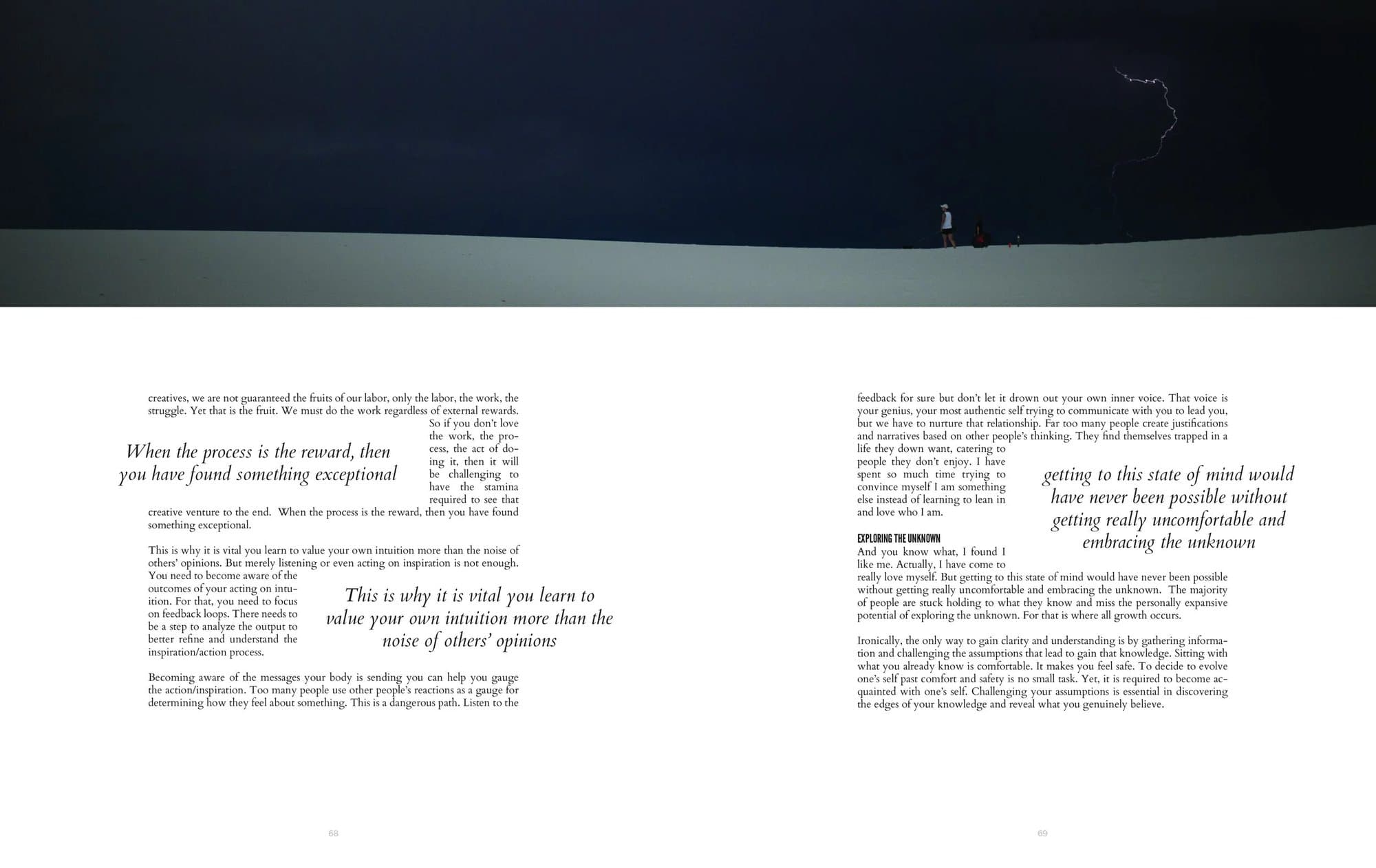 Spread from Volume 35 with article text and pull quotes under a lightning storm over the dunes.