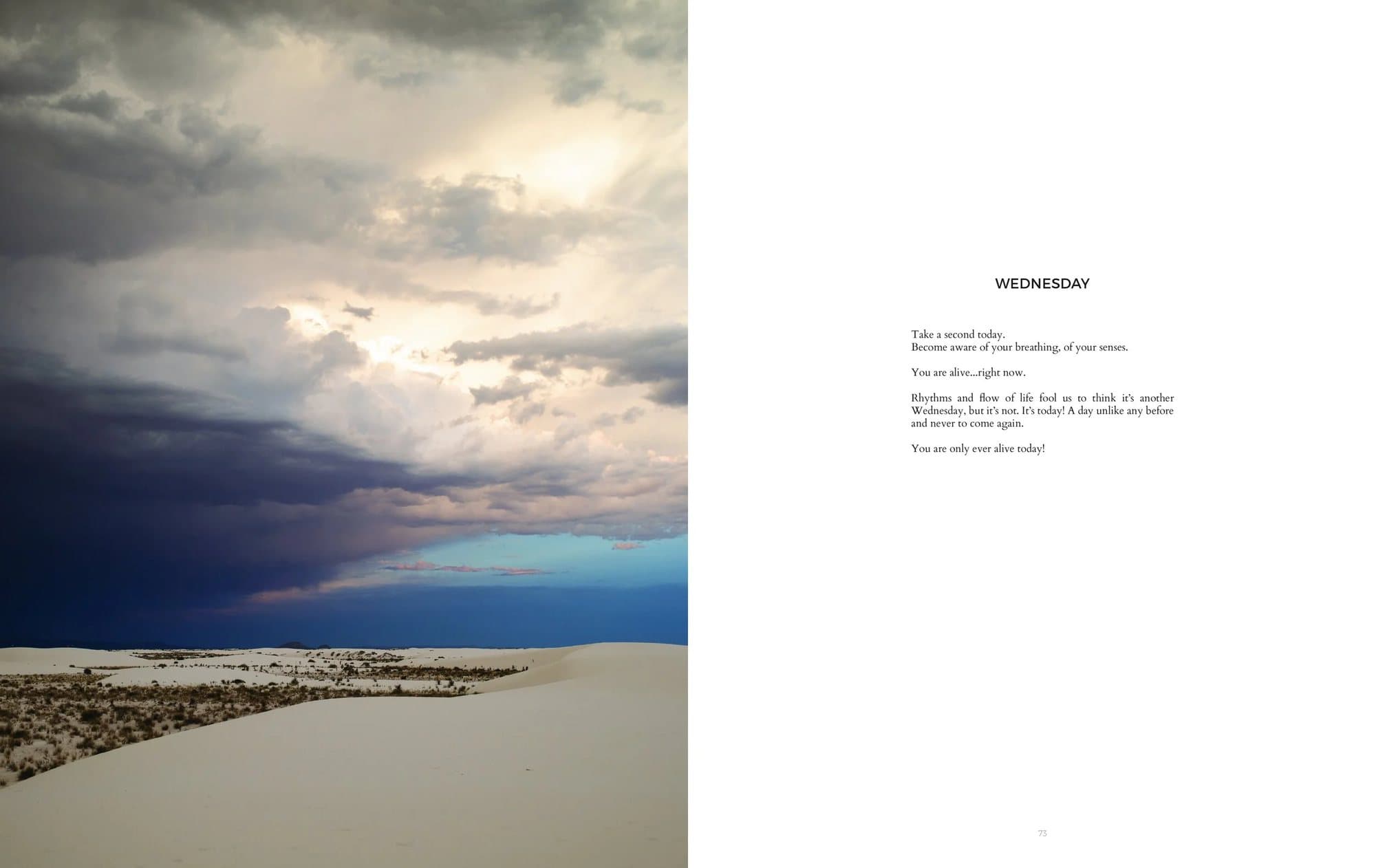 Spread from Volume 35 pairing a stormy White Sands photo with the poem Wednesday.