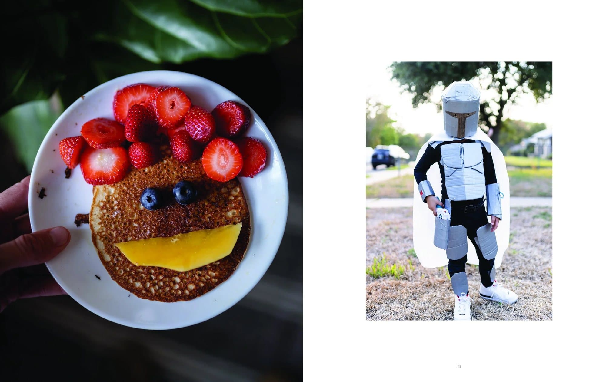 Spread from Volume 35 pairing a fruit pancake face with a child in a homemade armor costume.