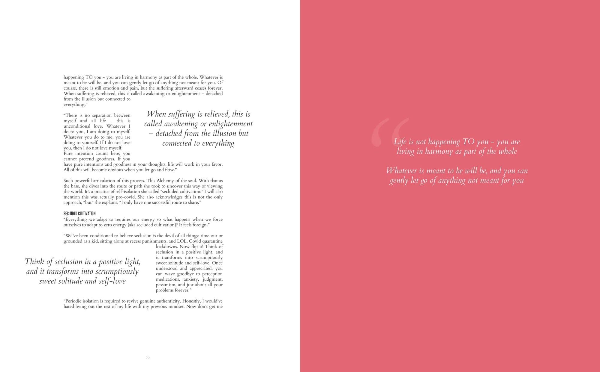 Spread from Volume 36 with interview text facing a pink page quoting Life is not happening TO you.