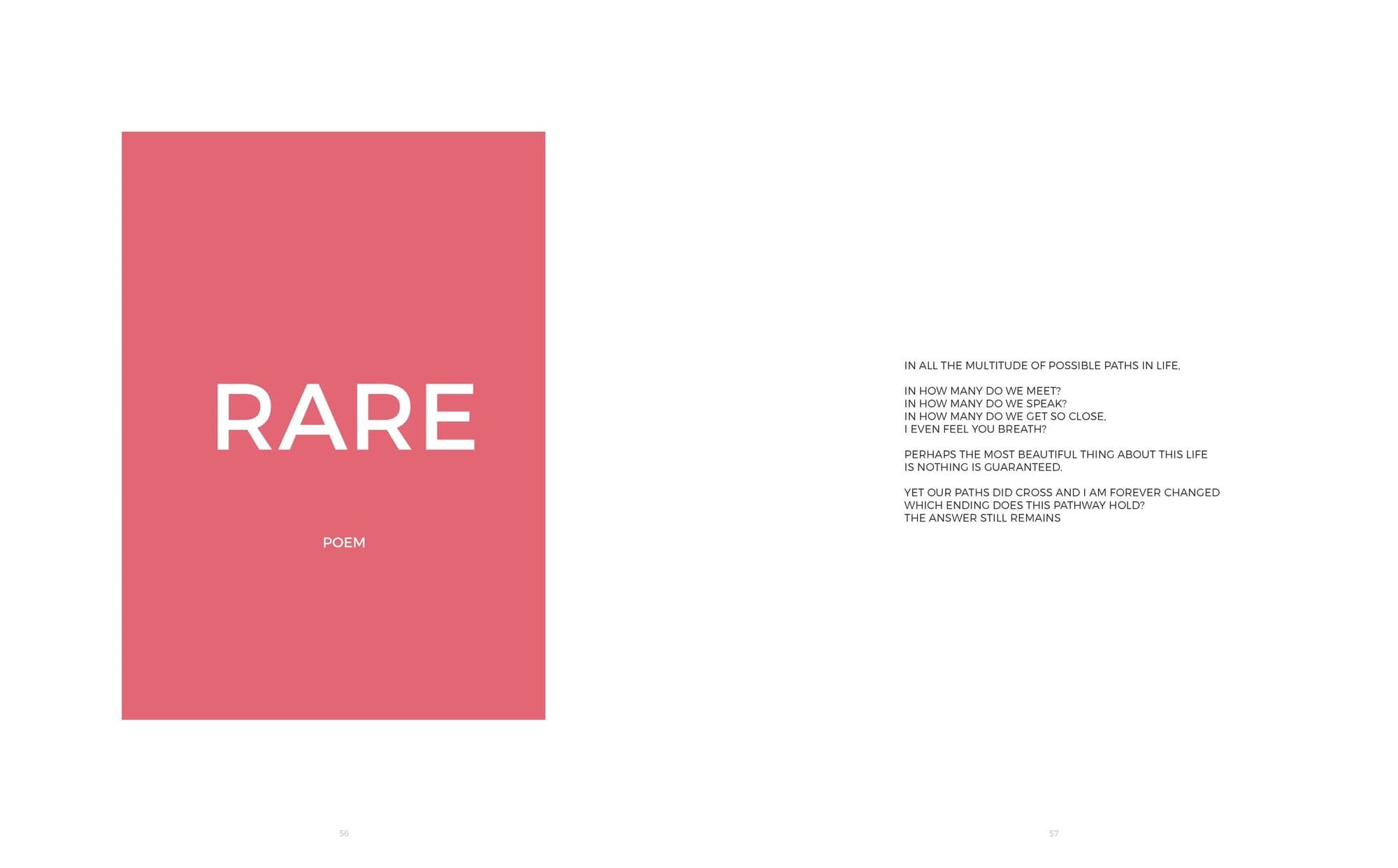 Spread from Volume 36 with the poem Rare, its title on a pink block facing the verse.
