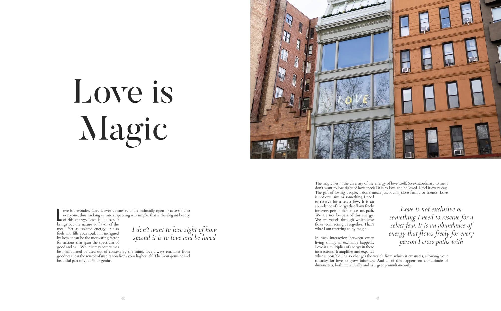 Spread from Volume 36 opening Love is Magic, with a storefront window spelling LOVE.