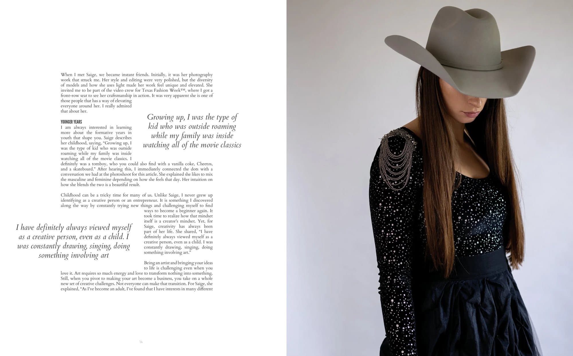 Spread from Volume 36 with interview text and pull quotes beside a woman in a cowboy hat.