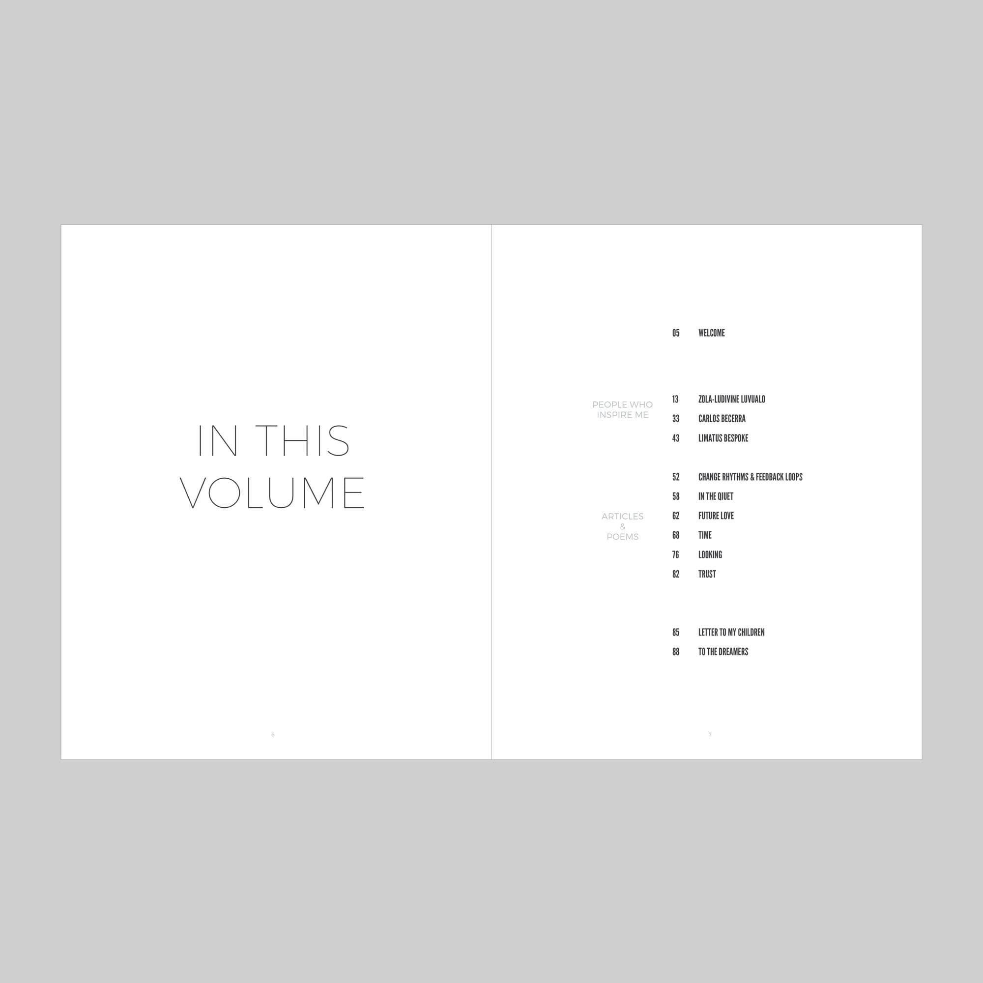 Spread from Volume 38 listing In This Volume, from Zola-Ludivine Luvualo to To the Dreamers.