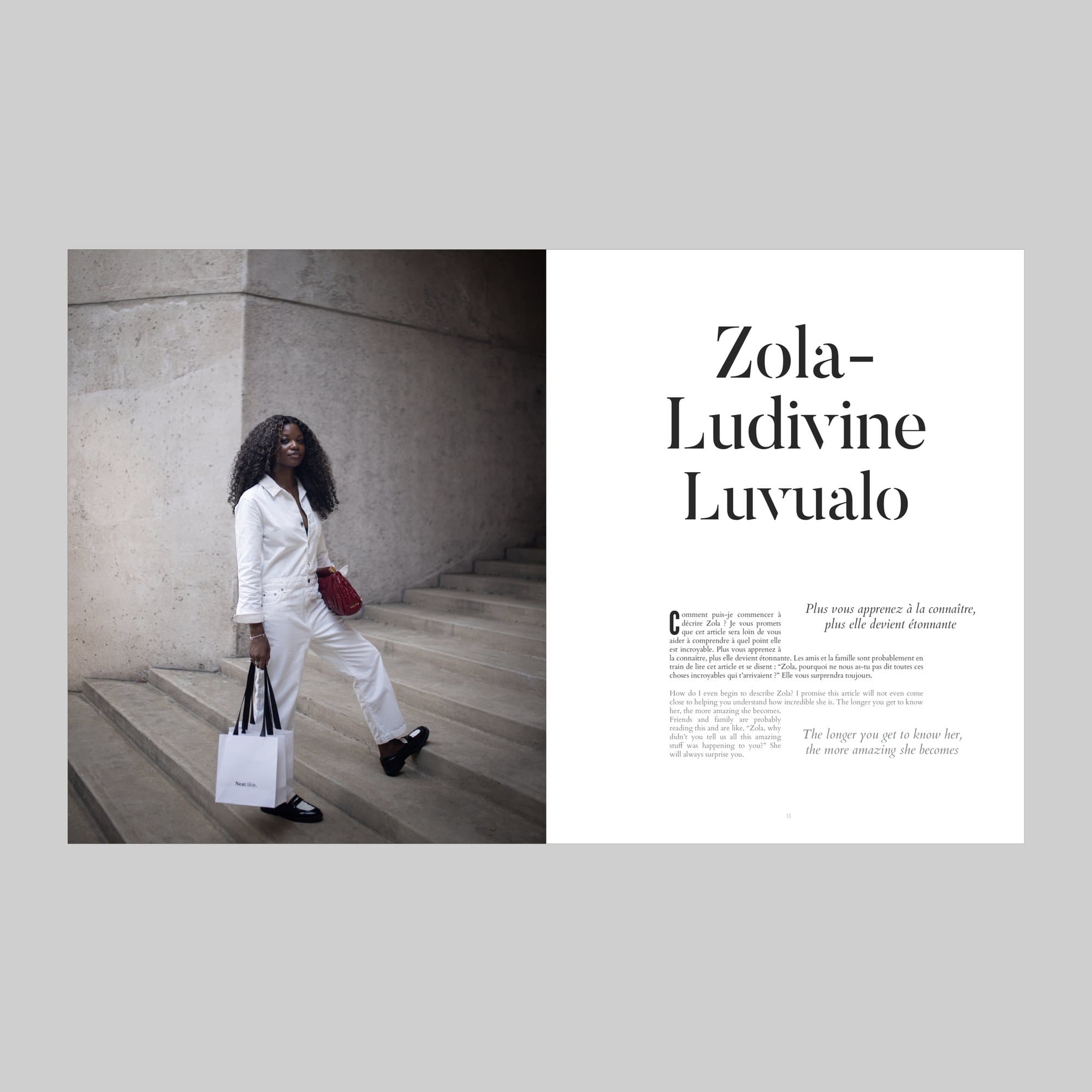 Spread from Volume 38 introducing Zola-Ludivine Luvualo, her portrait on stone steps facing the headline.