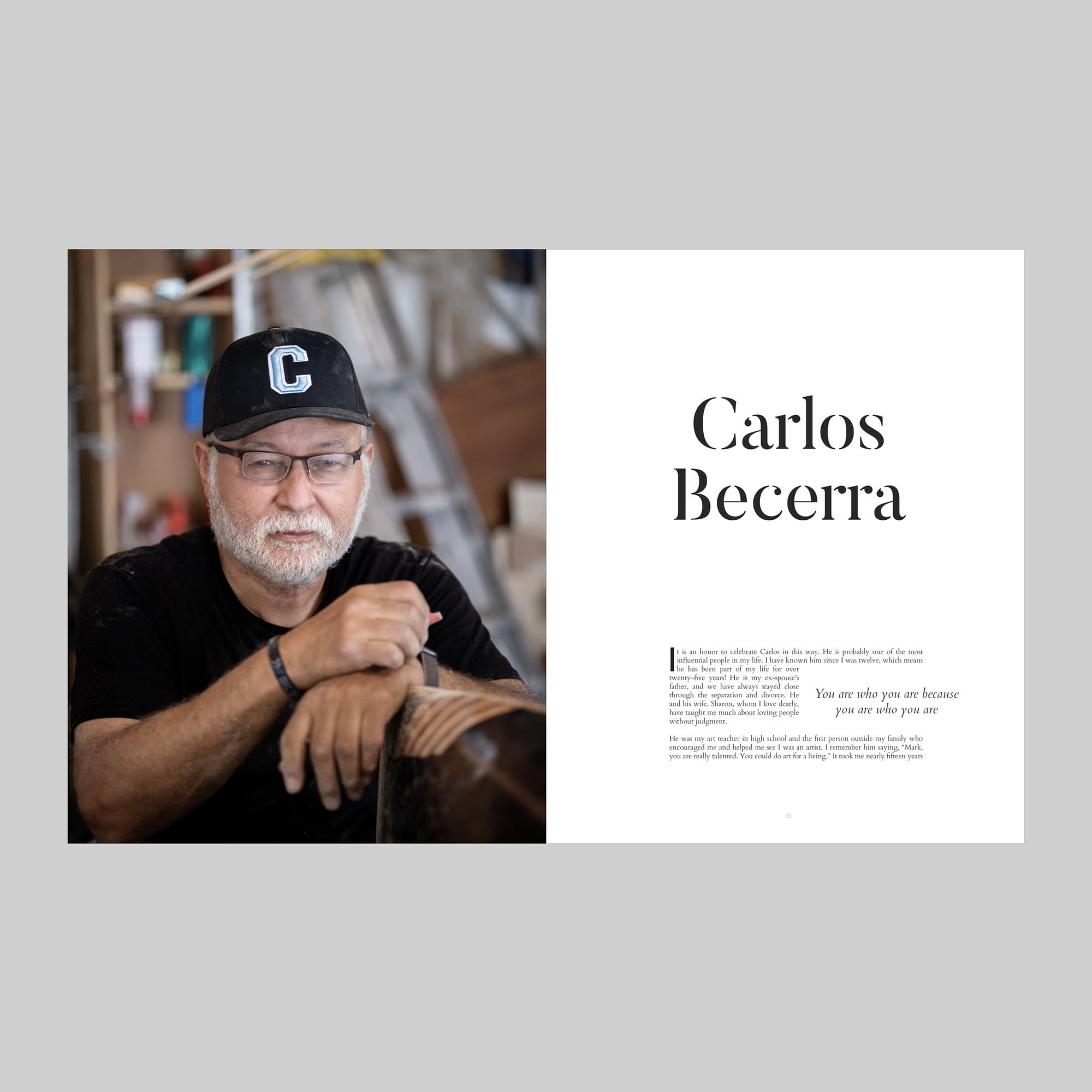 Spread from Volume 38 introducing Carlos Becerra, his workshop portrait facing the headline.