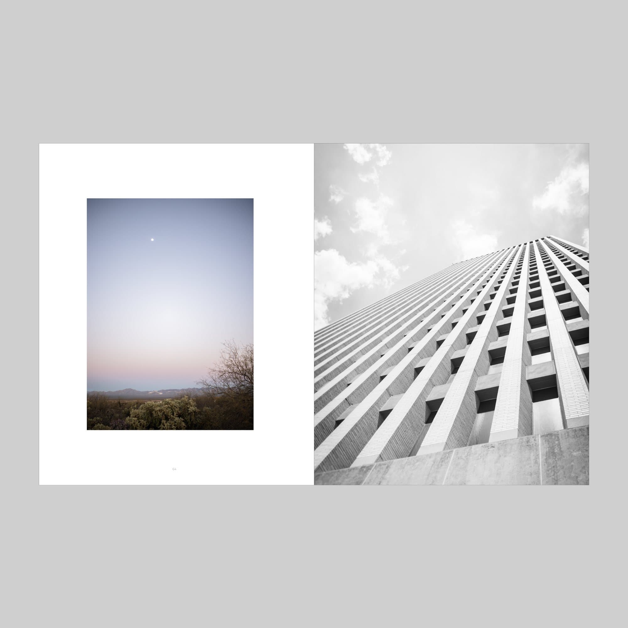 Spread from Volume 38 pairing a moonlit desert dusk with a towering concrete building from below.