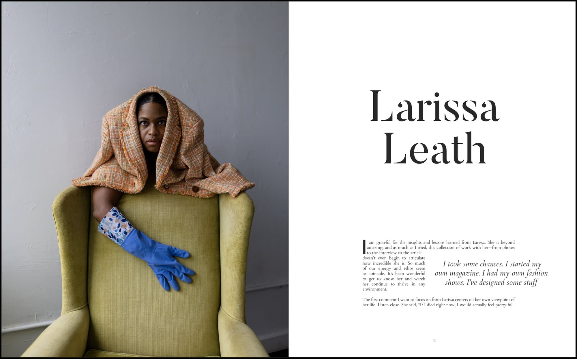 Spread from Volume 39 introducing Larissa Leath, draped in a plaid coat behind a green armchair.