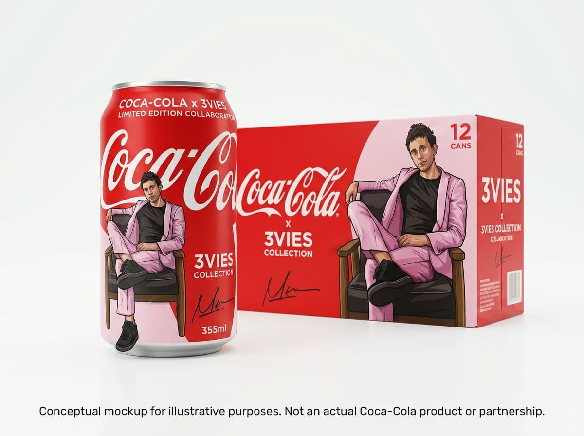 Concept mockup of a Coca-Cola x 3vies co-branded can and 12-pack, imagining a personal design created with a brand's AI.