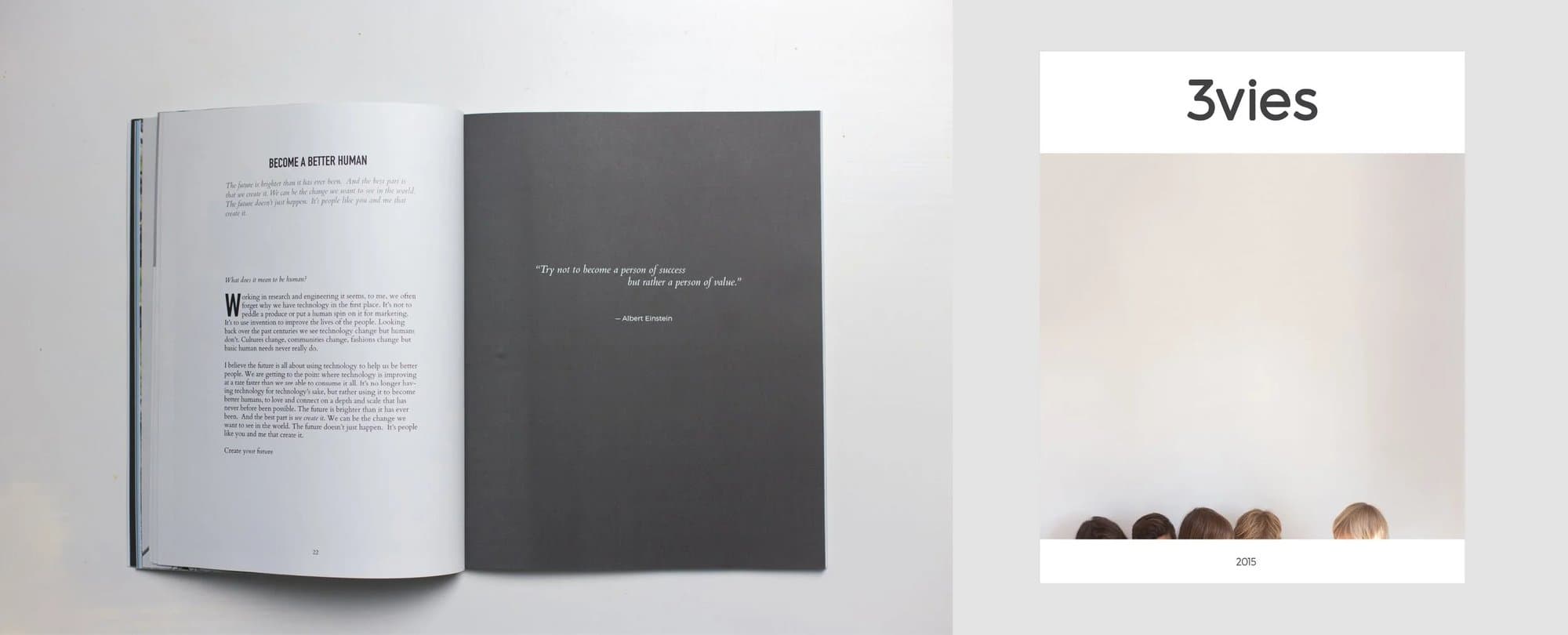 The Become a Better Human spread from 3vies Volume 30, with an Einstein quote on value, beside the magazine's 2015 cover.