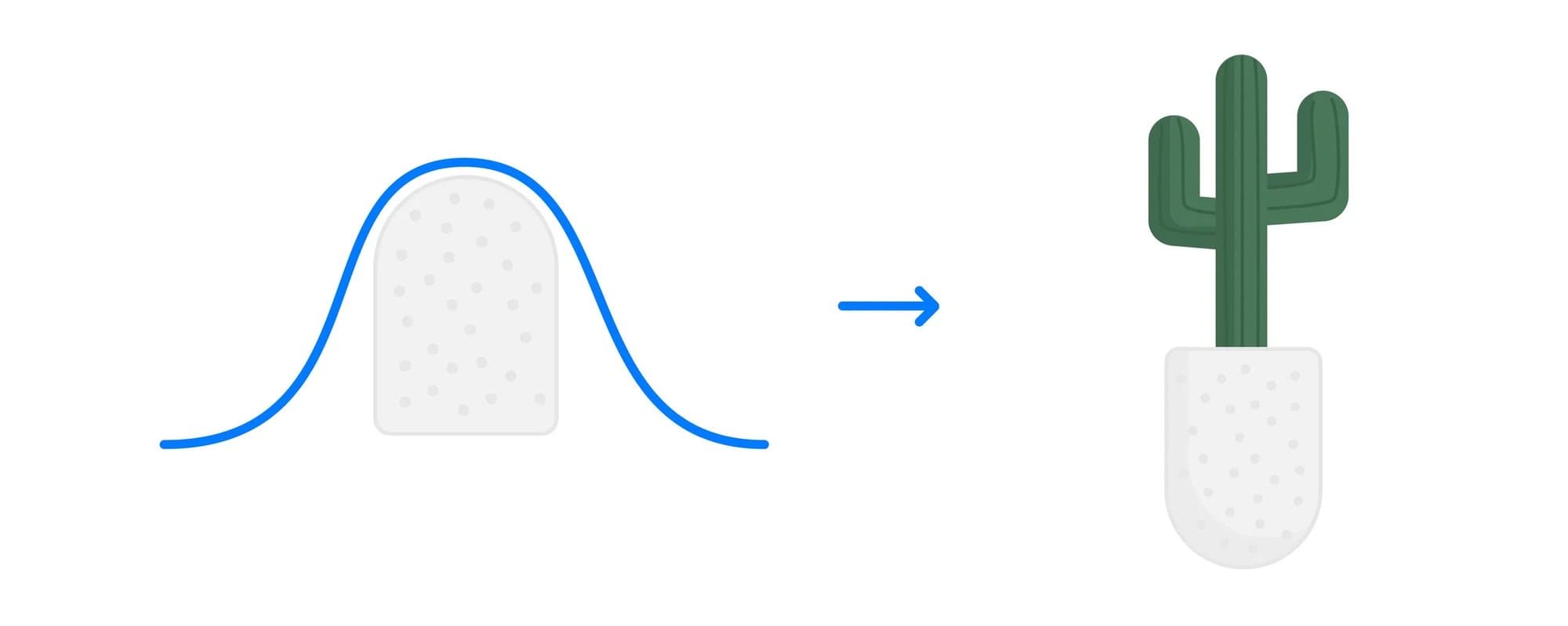 Illustration of a product fitted to a bell curve, with an arrow pointing to a cactus shaped for its own pot.