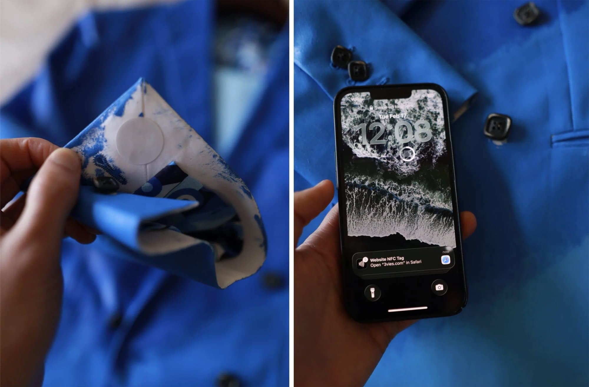 An NFC sticker inside a blue suit cuff, and a phone at the sleeve showing a prompt to open 3vies.com.