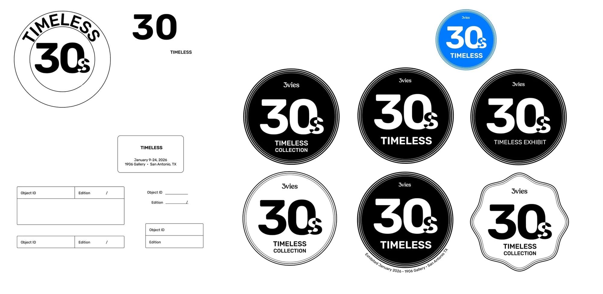 Draft stamp designs for the back of the art, including 30s Timeless badges, object ID and edition boxes, and an exhibit label.