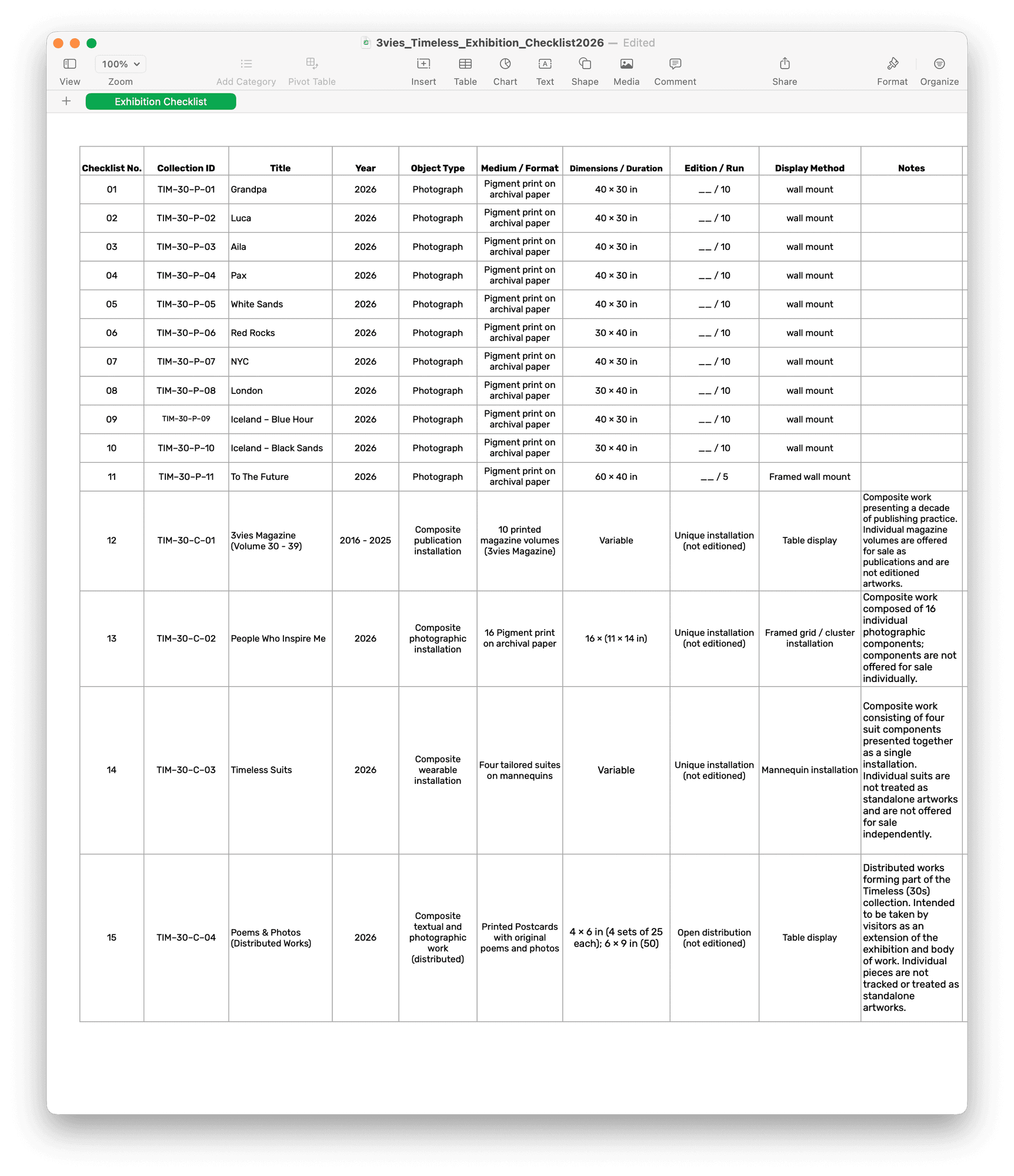 The Timeless exhibition checklist spreadsheet listing each piece's collection ID, title, medium, dimensions, edition, and display method.