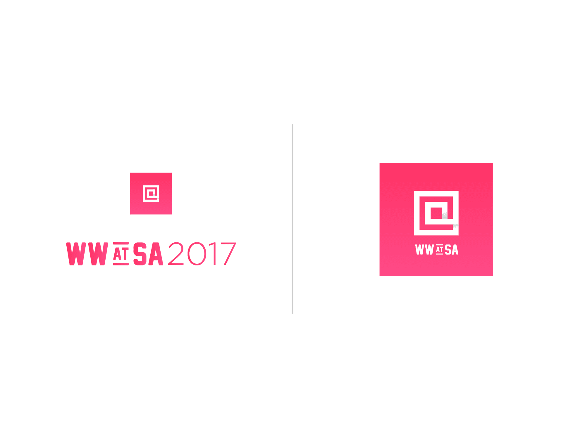 WW@SA logo variations on black: a small mark above WW@SA 2017, and a pink square badge.