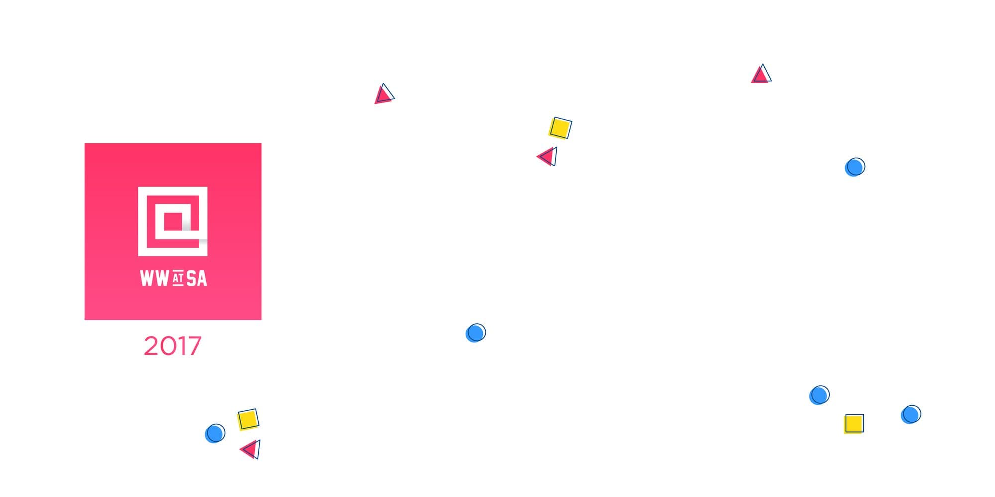 The WW@SA 2017 ticket banner, the pink logo beside scattered tiny squares, triangles, and circles.