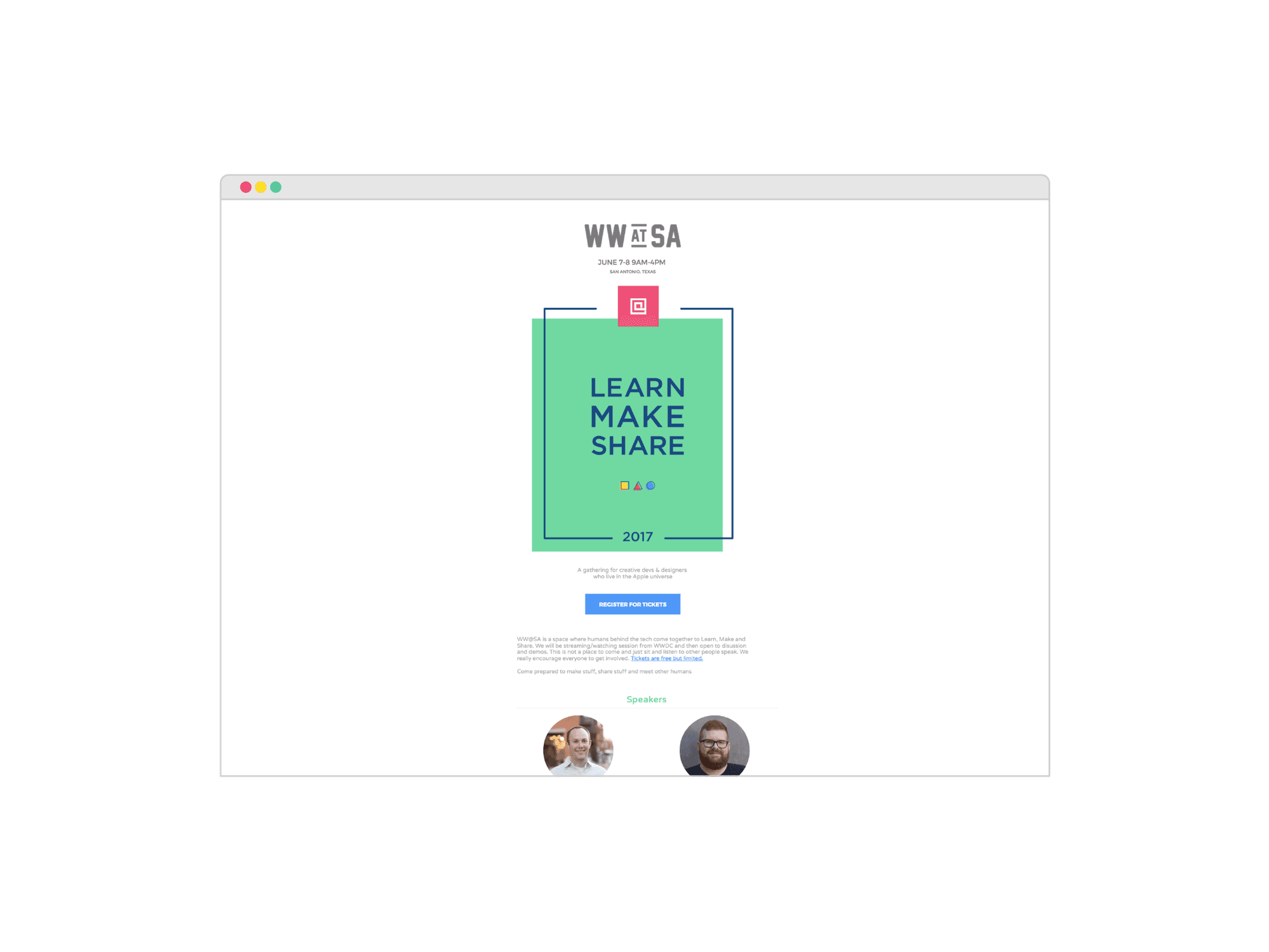 The WW@SA website in a browser window, with the Learn Make Share card and speaker photos.